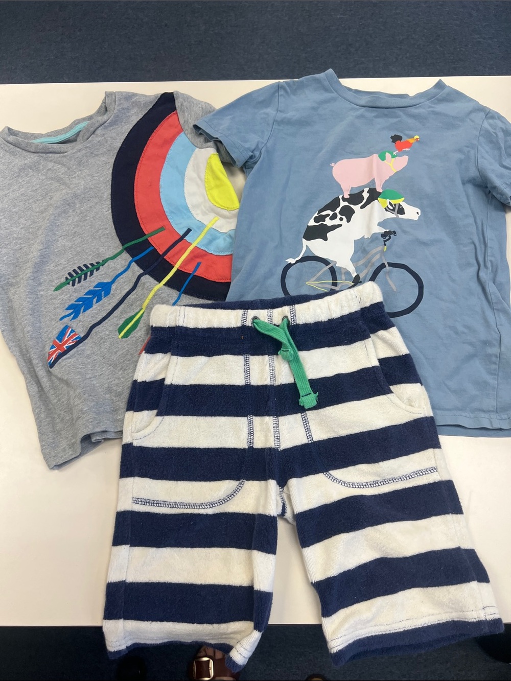 Mini Boden Boys lot Tees andNavy-White Striped Shorts Set